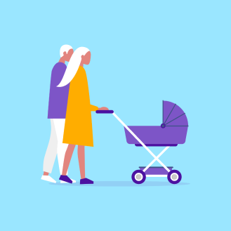 Illustrations of new parents pushing a baby carriage to convey life events as lead opportunities